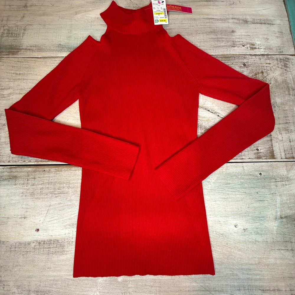 Catherine Malandrino Red Ribbed Cold Shoulder Mock Neck Sweater Top Women M